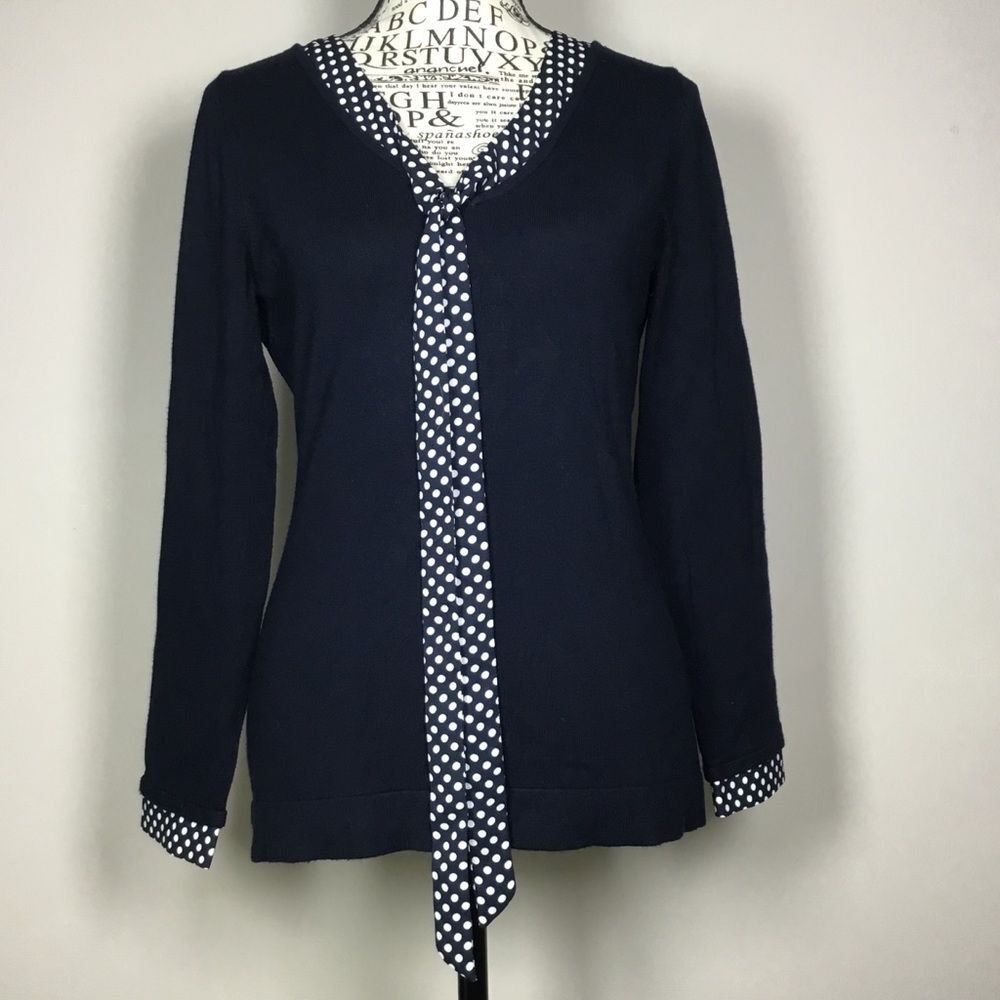 1950s style polka dot tie in the front top navy blue white spots size Small
